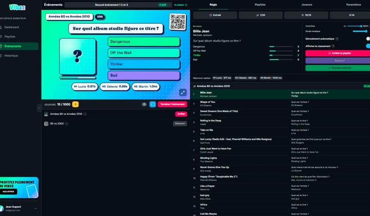 Interface animateur Vibzz avec question musicale personnalisée, réponses et commandes de durée et de bonus.