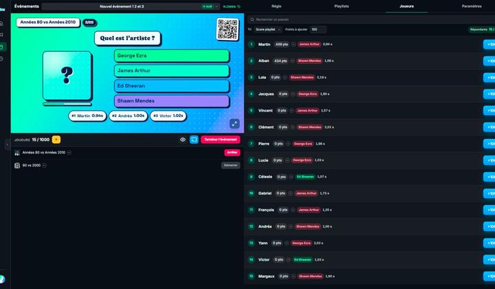 Interface animateur Vibzz avec aperçu du blind test, scores et réponses des joueurs.