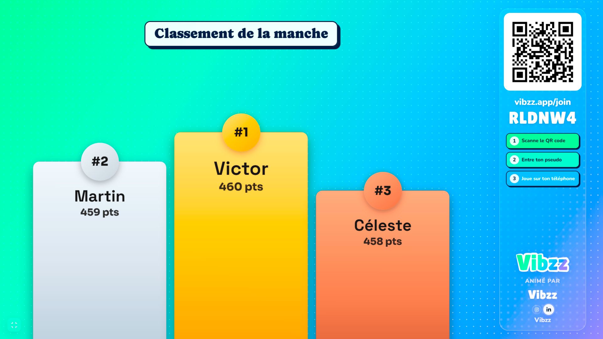 Podium Vibzz affichant les trois premiers joueurs à la fin d’une manche de blind test.