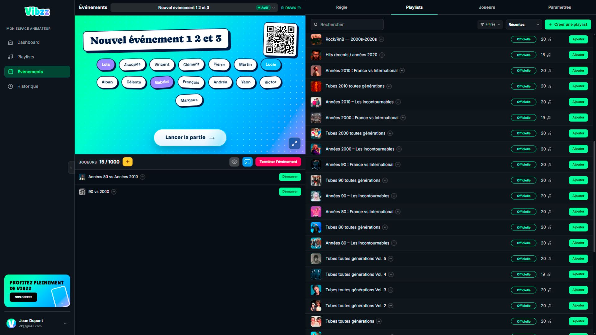 Espace organisateur Vibzz sur PC avec playlists, joueurs connectés et QR code de la partie.