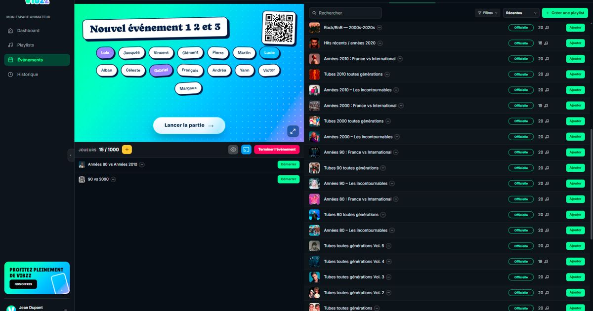 Espace organisateur Vibzz sur PC avec playlists, joueurs connectés et QR code de la partie.