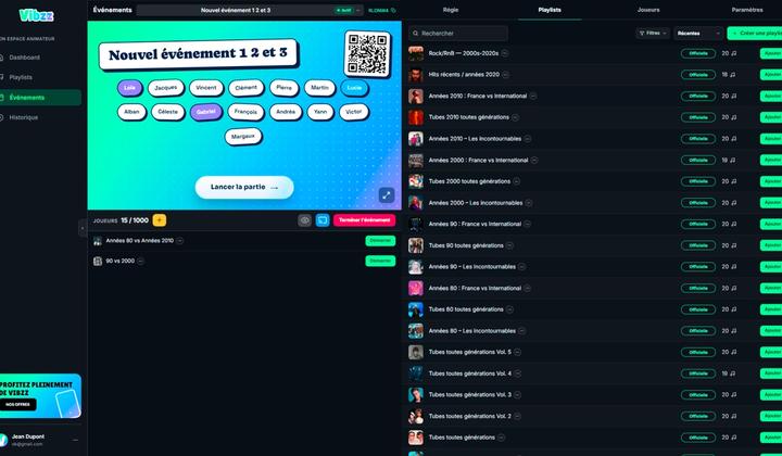 Régie Vibzz avec catalogue de playlists musicales, création de playlist et accueil des joueurs.