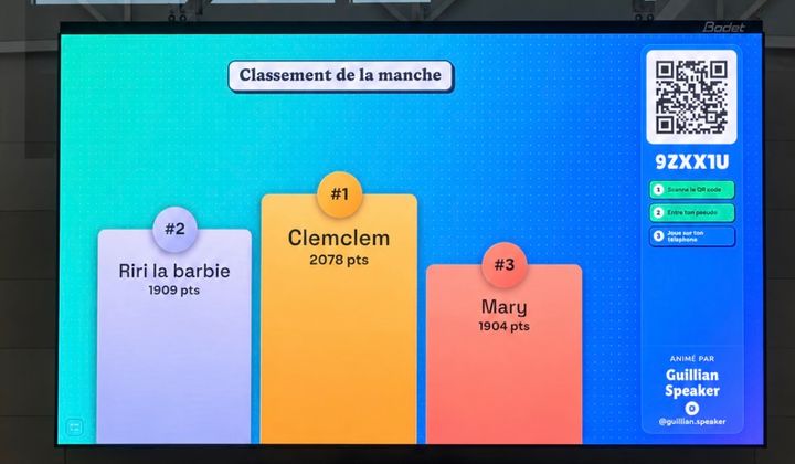 Podium d’une manche de blind test Vibzz affiché sur un écran dans une salle.