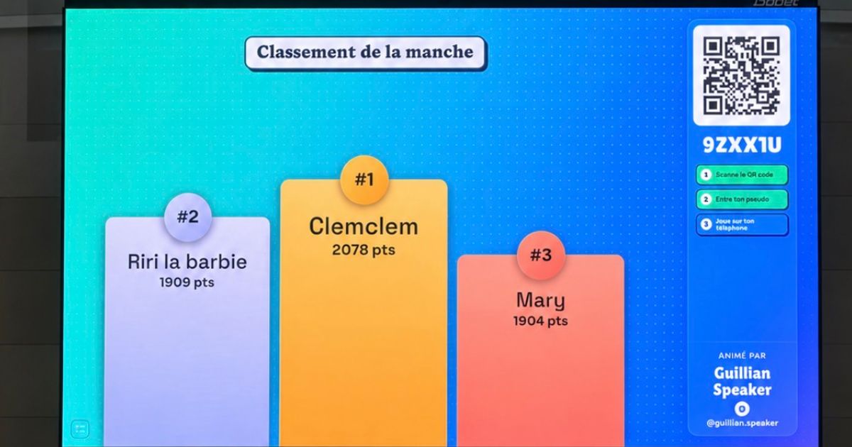 Podium d’une manche de blind test Vibzz affiché sur un écran dans une salle.