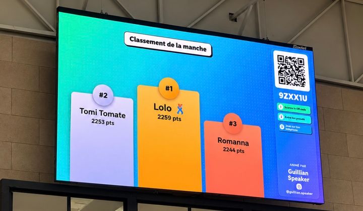 Podium de manche d’un blind test affiché sur grand écran avec les scores des trois équipes en tête.