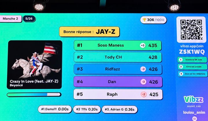 Écran de scène affichant le classement d’un blind test lors d’une soirée avec de nombreux participants.