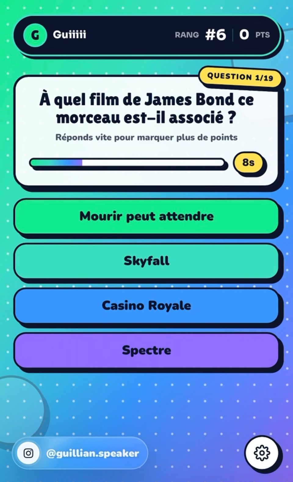 Écran mobile Vibzz avec une question de blind test à choix multiple et un chronomètre.