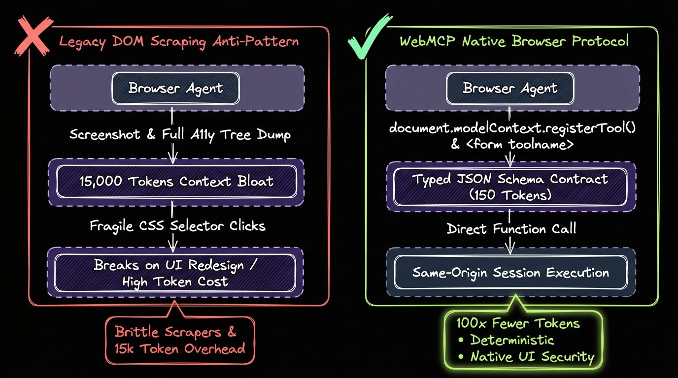Dark-mode Architecture Diagram comparing brittle 15,000-token DOM screen-scraping against 150-token WebMCP native browser tools