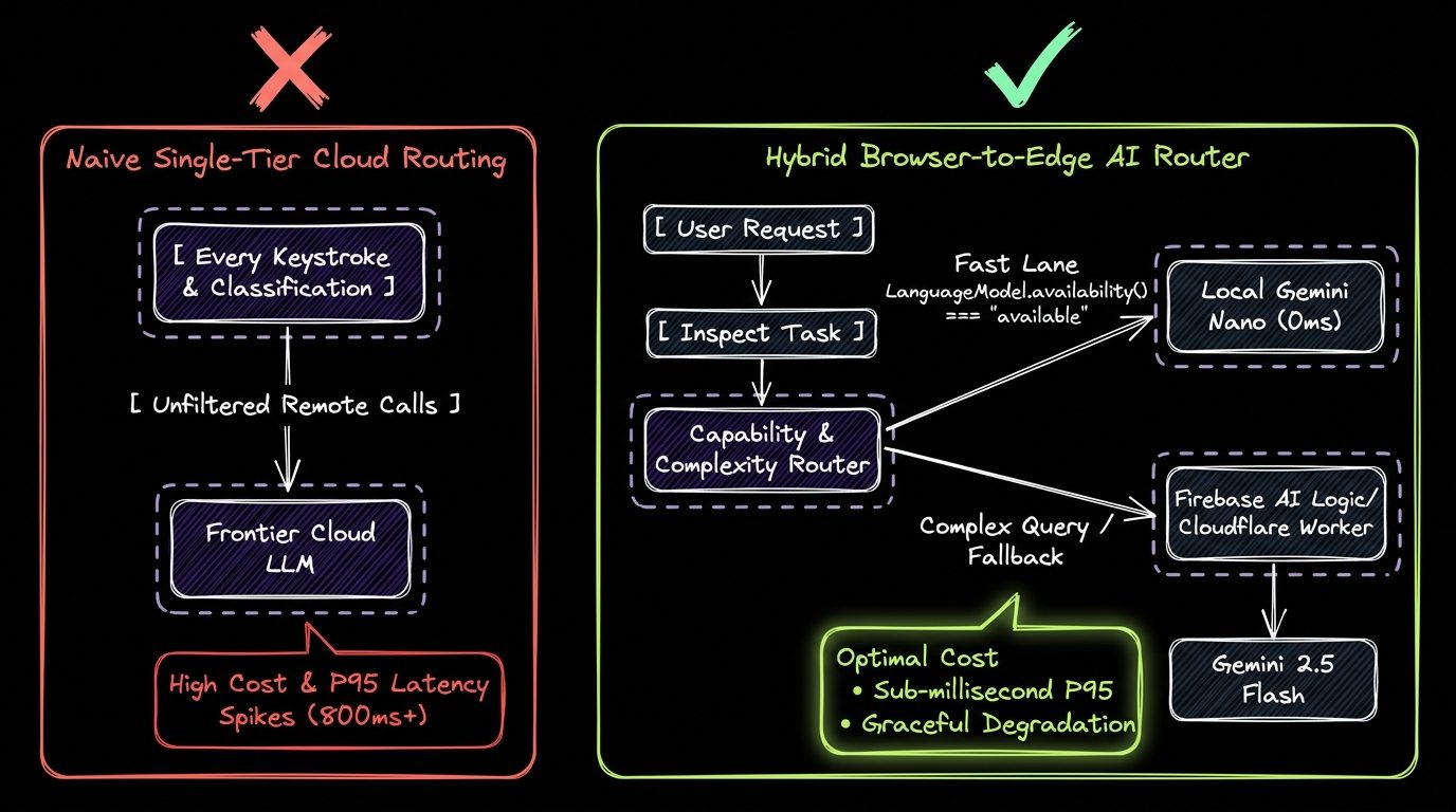 Dark-mode Architecture Diagram comparing naive single-tier cloud routing against a Hybrid Browser-to-Edge AI Router using Chrome Gemini Nano and Firebase AI Logic