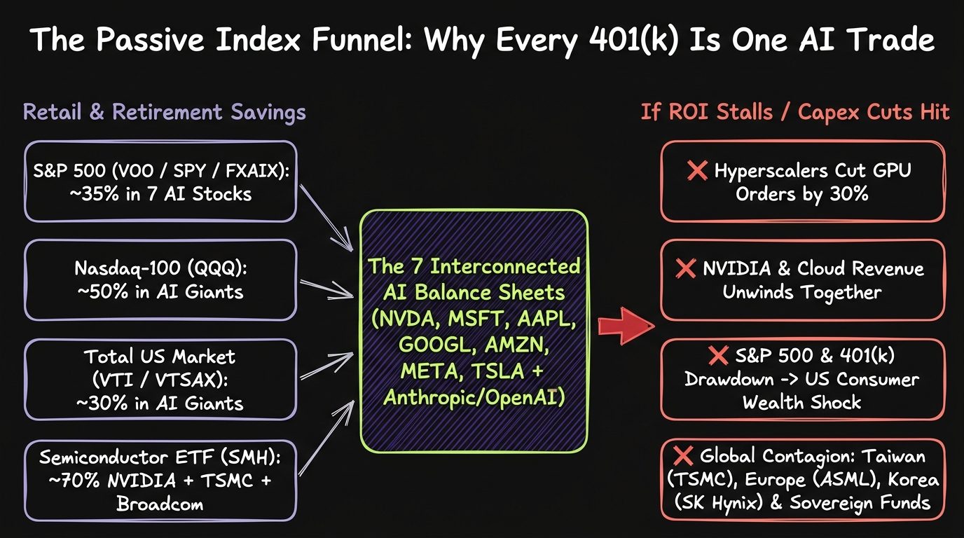 Architecture Diagram of the Passive Index Funnel showing how S&P 500 (VOO, SPY, FXAIX), Nasdaq-100 (QQQ), Total US Market (VTI, VTSAX), and Semiconductor ETFs (SMH) pour retirement savings into 7 interconnected AI balance sheets and the 4-domino global contagion cascade if capex stalls