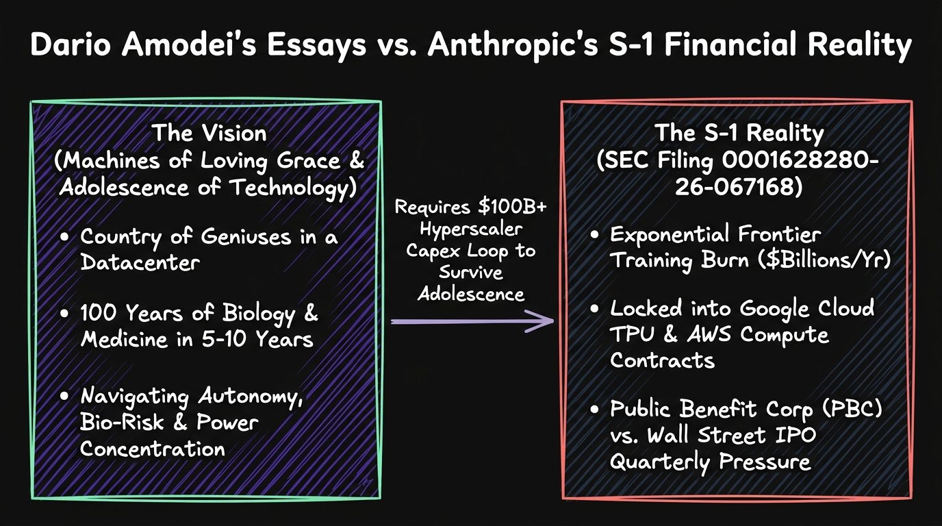 Architecture Diagram comparing Dario Amodei's essays Machines of Loving Grace and The Adolescence of Technology on the left against Anthropic's S-1 SEC filing reality on the right