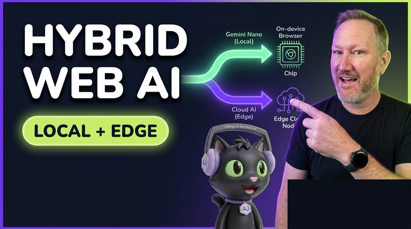 Alex Patterson and AJ the Cat illustrating Hybrid Web AI routing between local Chrome Gemini Nano and Edge Cloud AI