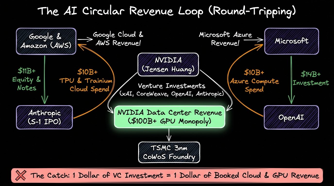 Architecture Diagram of the AI Circular Revenue Loop showing how Google, AWS, Microsoft, and NVIDIA invest billions into Anthropic, OpenAI, xAI, and CoreWeave, which immediately flows back as booked Cloud and GPU revenue