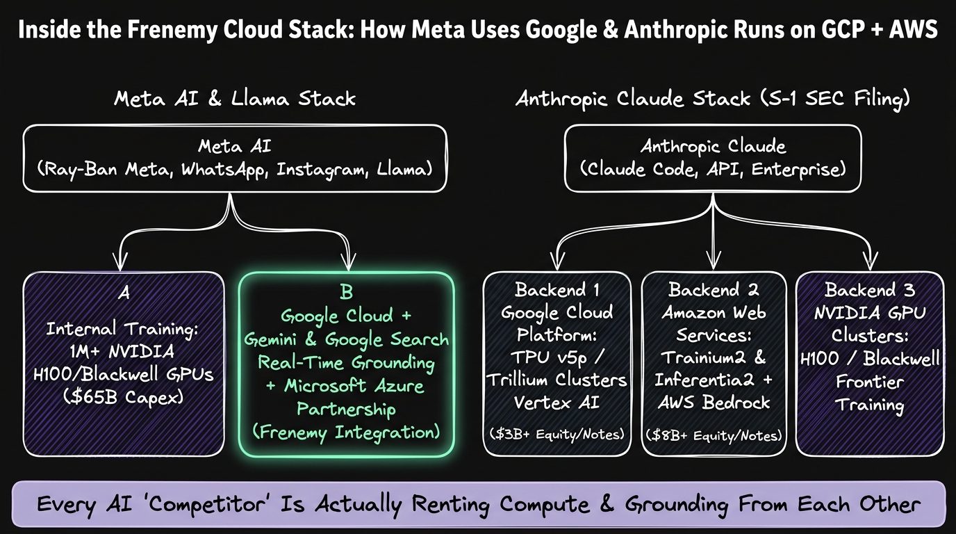 Architecture Diagram showing how Meta AI uses Google Cloud, Gemini, and Google Search grounding on the left, while Anthropic Claude runs on Google Cloud TPUs, AWS Trainium2, and NVIDIA GPUs on the right