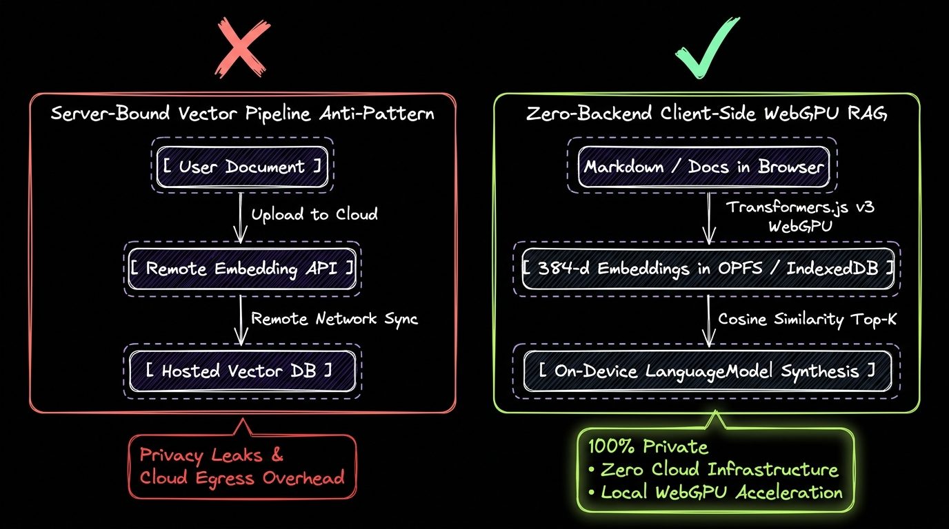 Dark-mode Architecture Diagram comparing server-bound cloud vector pipelines against zero-backend client-side WebGPU RAG with Transformers.js and OPFS