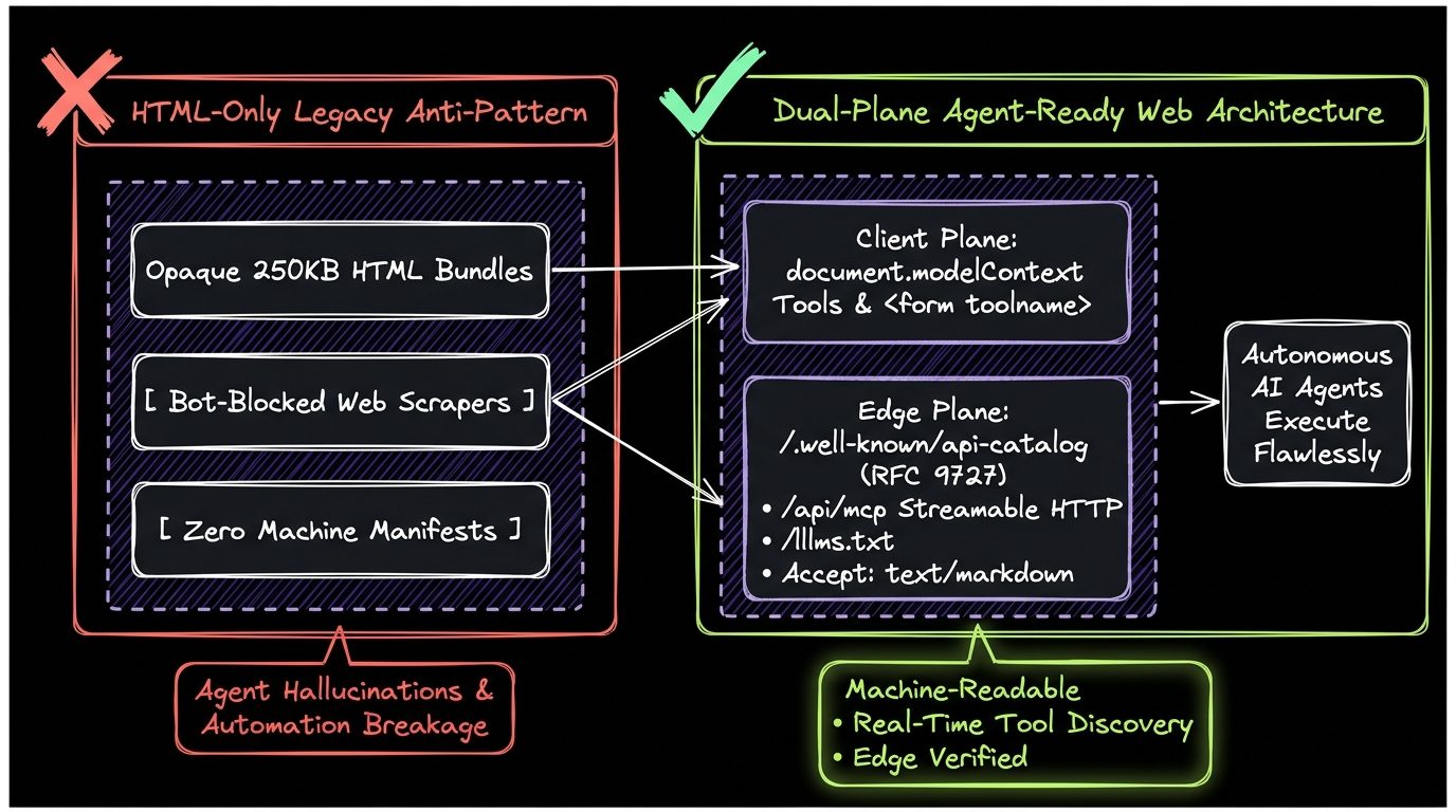 Dark-mode Architecture Diagram showing the Dual-Plane Agent-Ready Web Architecture combining Client-Side WebMCP and Edge Streamable HTTP MCP