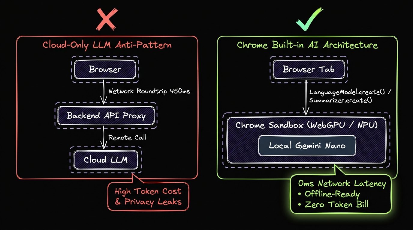 Dark-mode Architecture Diagram comparing cloud-only LLM roundtrips against Chrome Built-in AI local Gemini Nano execution