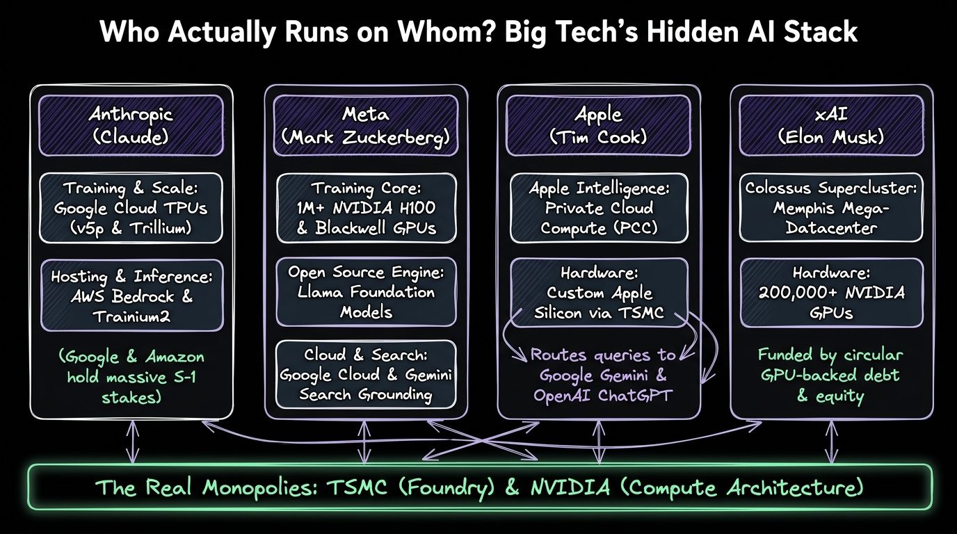 Architecture Diagram showing Big Tech's Hidden AI Stack across Anthropic Claude, Meta Llama, Apple Intelligence, and xAI Colossus converging on TSMC and NVIDIA