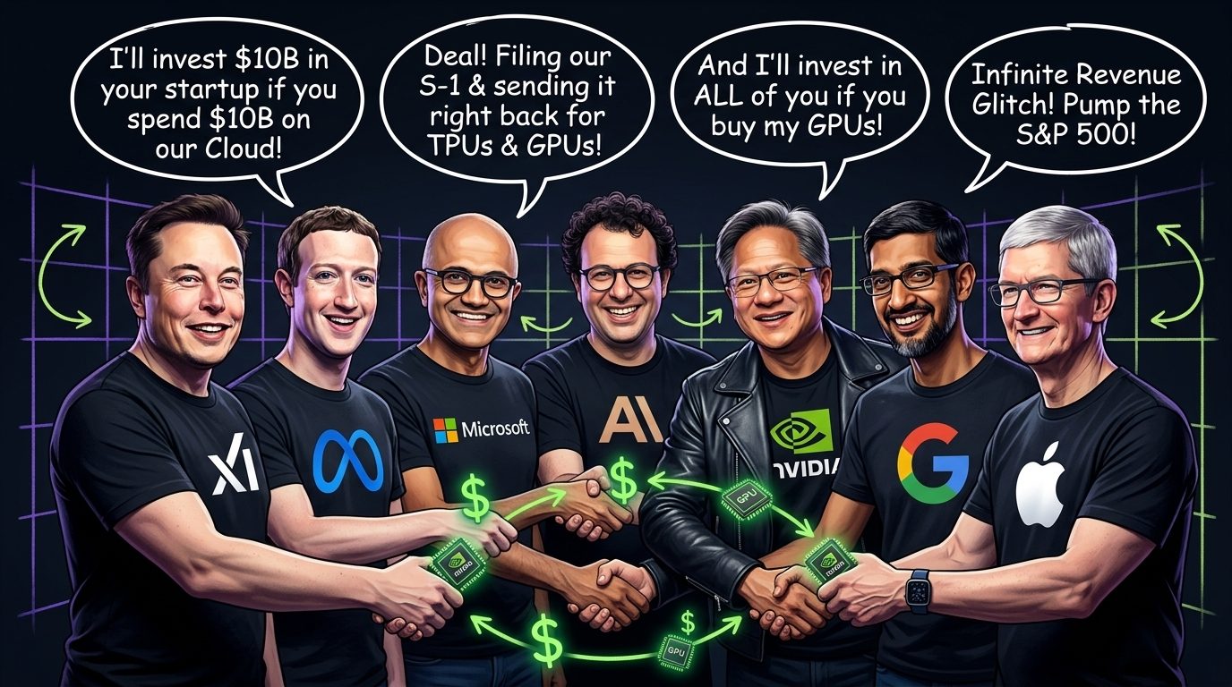 The Heads of AI wearing black company logo t-shirts and shaking hands in a circular web of cloud and GPU investments