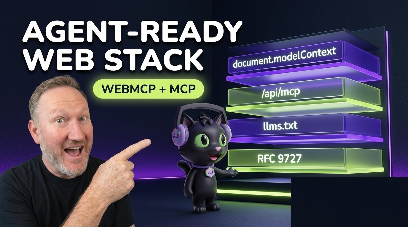 Alex Patterson and AJ the Cat presenting the Dual-Plane Agent-Ready Web Stack with WebMCP and Streamable HTTP MCP