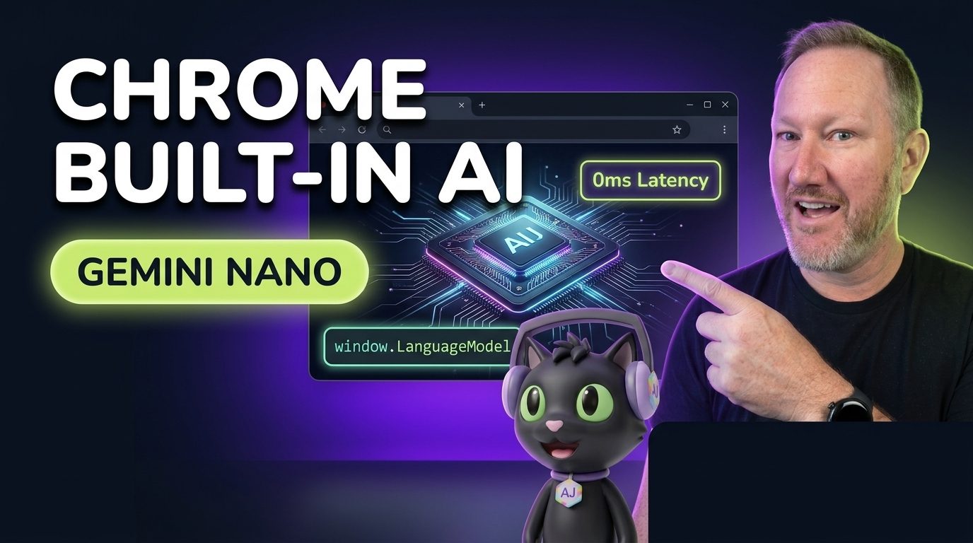 Alex Patterson and AJ the Cat pointing at Chrome Built-in AI and Gemini Nano running inside the browser with 0ms network latency