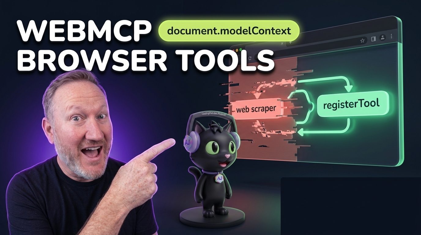 Alex Patterson and AJ the Cat showcasing WebMCP browser tools with document.modelContext and registerTool