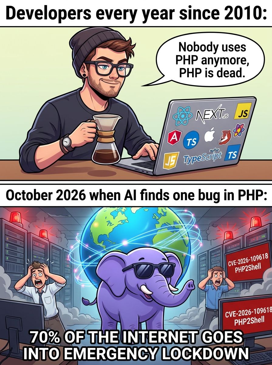 Developer meme showing a hipster web developer saying 'Nobody uses PHP anymore, PHP is dead' contrasted with October 2026 when AI finds one bug in PHP (CVE-2026-109618 PHP2Shell) and 70% of the internet goes into emergency lockdown while the purple PHP elephant holds up the world.