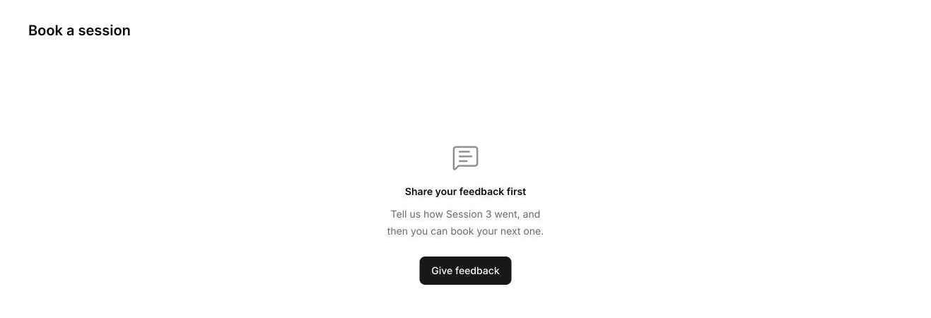 The booking page saying Share your feedback first, with a Give feedback button.