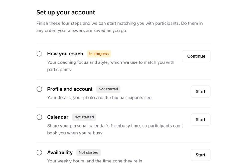 The Set up your account checklist with four steps: How you coach, Profile and account, Calendar and Availability, each with a status and a Start or Continue button.