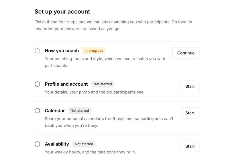 The Set up your account checklist with four steps: How you coach, Profile and account, Calendar and Availability, each with a status and a Start or Continue button.