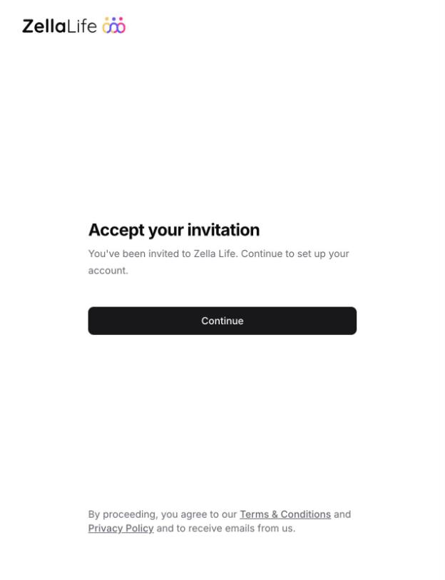The Accept your invitation page with a Continue button.