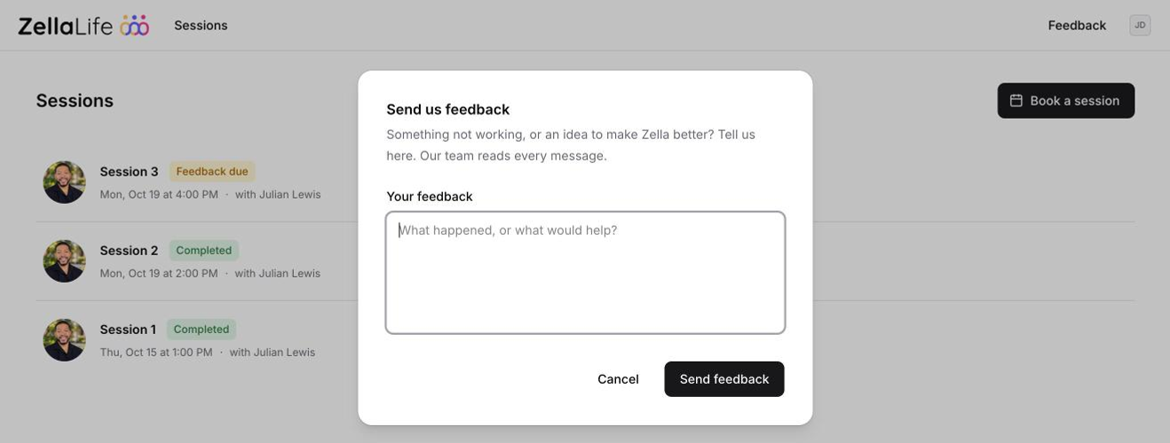 The Send us feedback dialog with a text box and a Send feedback button.