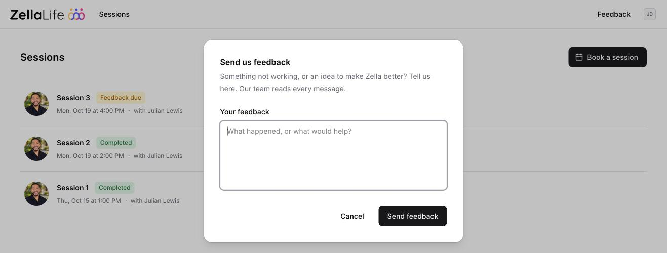 The Send us feedback dialog with a text box and a Send feedback button.