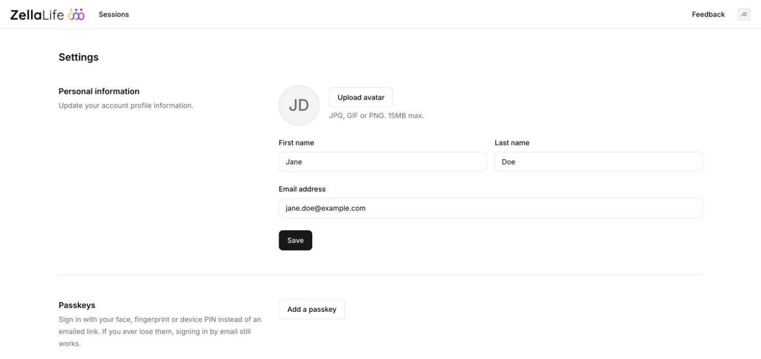 The Settings page with Personal information (photo, first and last name, email address, Save) and Passkeys (Add a passkey).