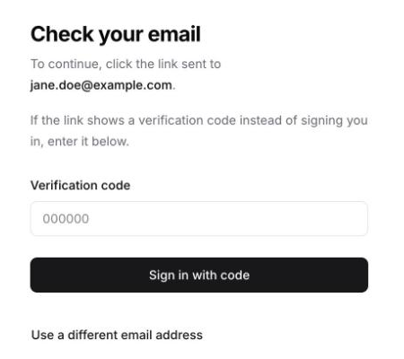 The Check your email page with a Verification code field and a Sign in with code button.