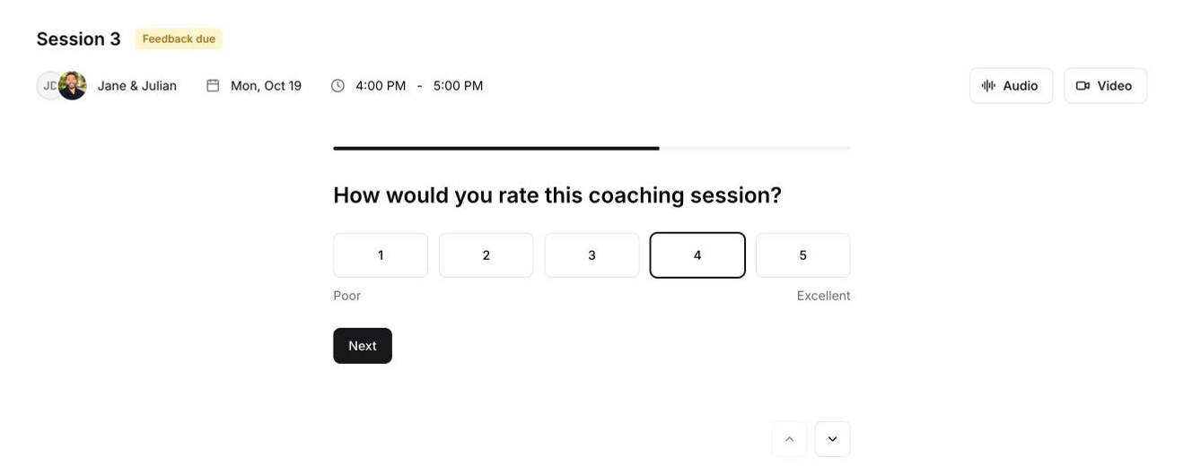 The first feedback question on the session page: How would you rate this coaching session? with a 1 to 5 scale.