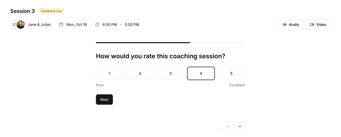 The first feedback question on the session page: How would you rate this coaching session? with a 1 to 5 scale.
