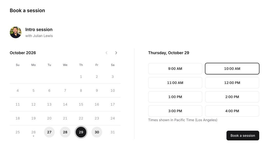 The Book a session page: a calendar with available days highlighted, a list of hourly times for the chosen day, and the Book a session button.