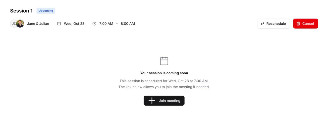 An upcoming session page with the Join meeting button.