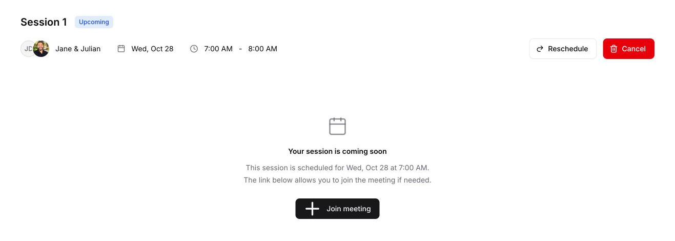 An upcoming session page with the Join meeting button.