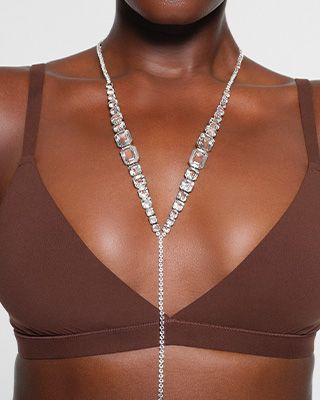 Silver 3 Strand Rhinestone Choker Necklace Open Bra Body Chain