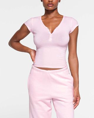 Loungewear V Neck Fleece Bralette in Baby Pink