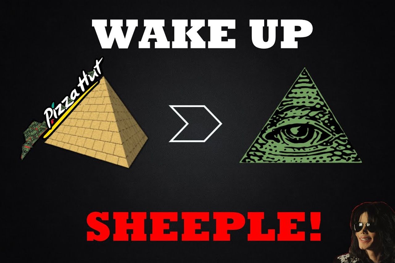 Pyramid conspiracy theory symbols and the words Wake Up Sheeple