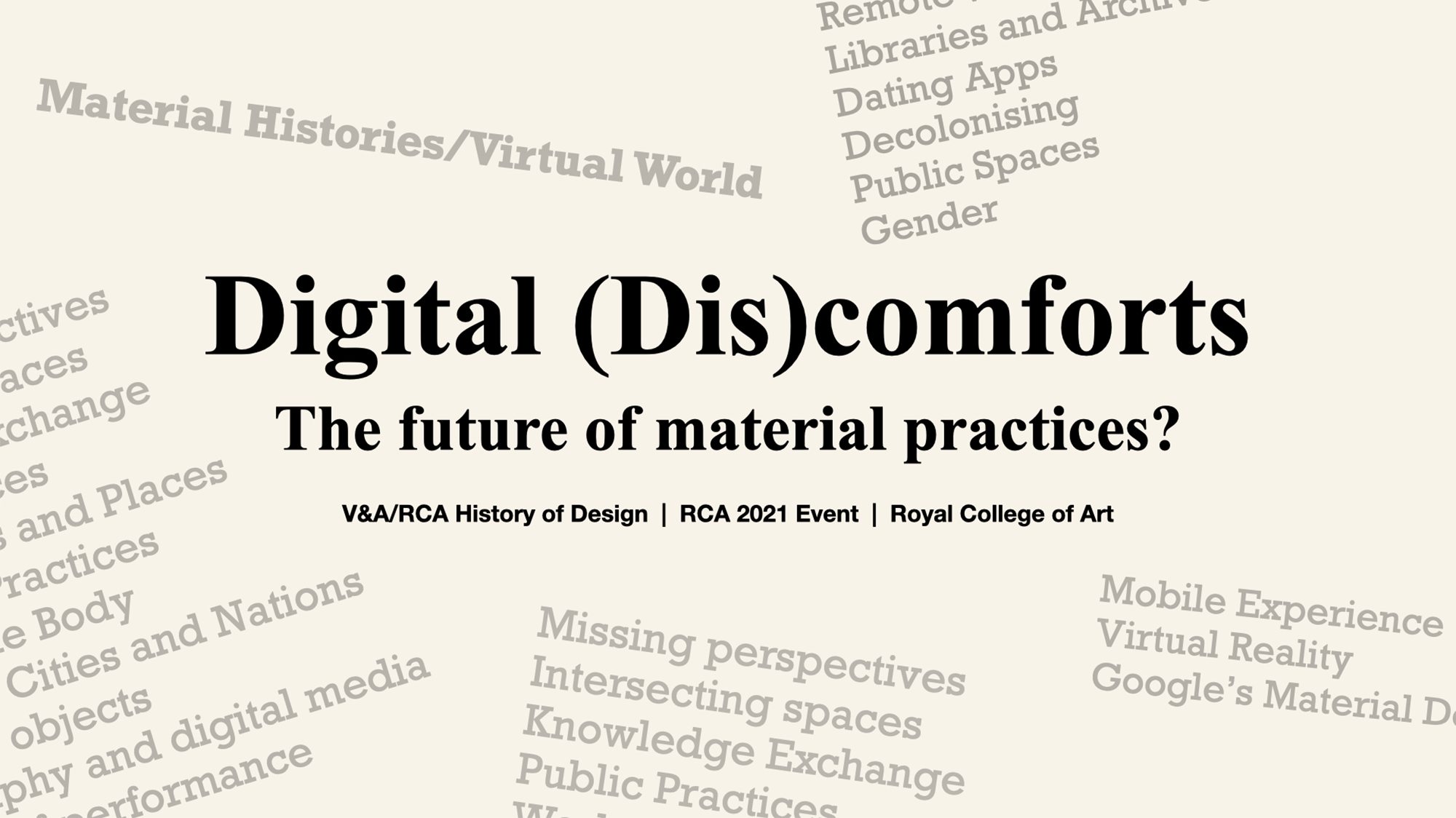 Bold title "Digital Discomforts" with a selection of related theme words