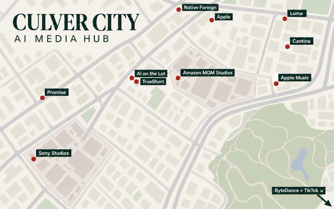 A map showing where various film studios and AI film companies are located within Culver City