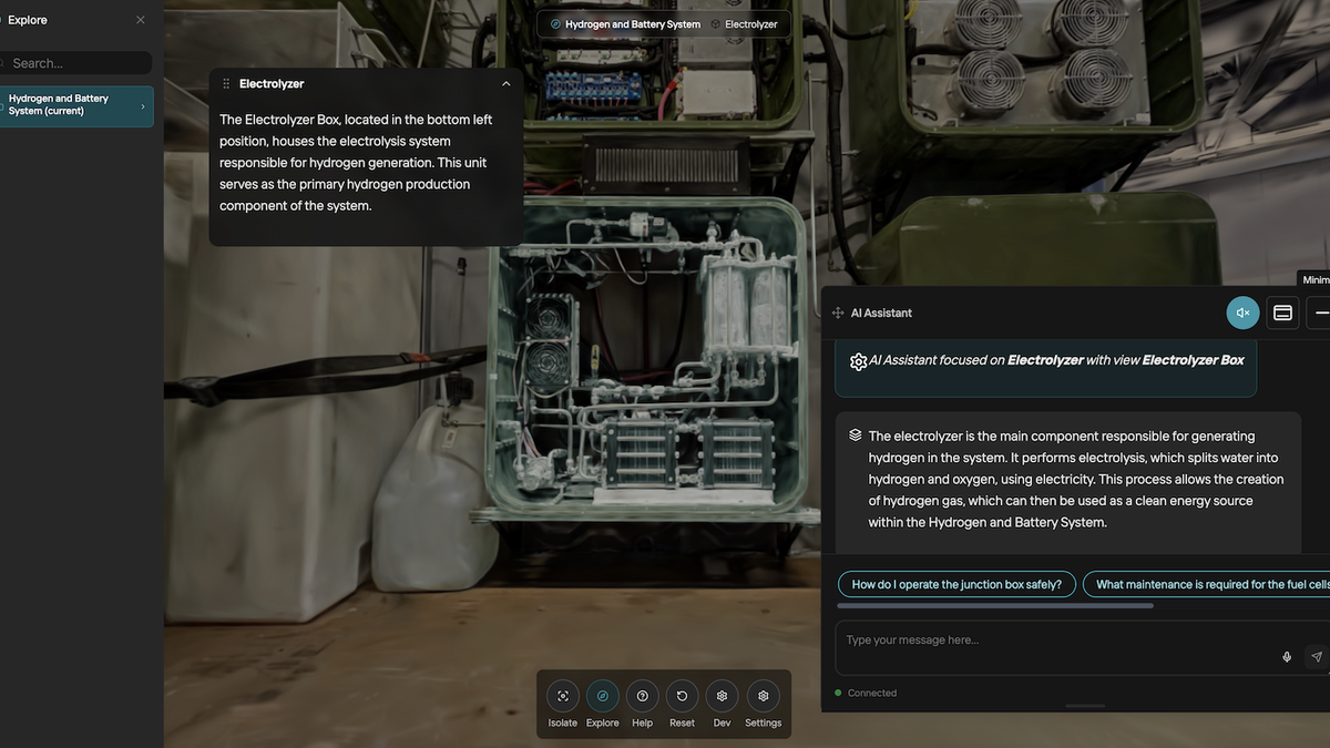 interface of ai assistant looking at an electrolyzer 3d model