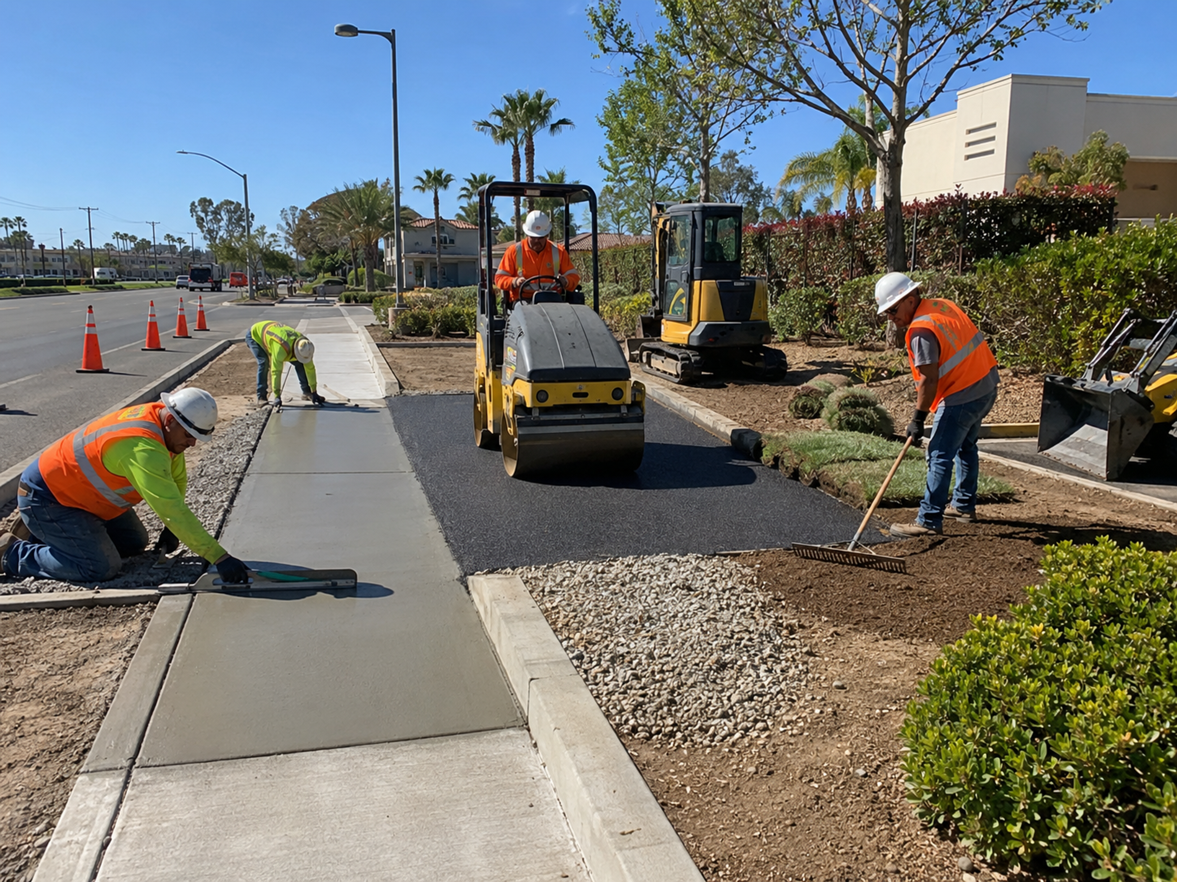Workers reshaping a suburban roadside landscape