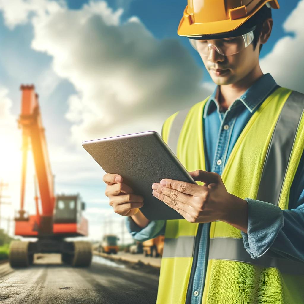 construction working holding a ipad