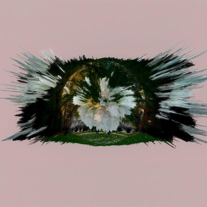 A dark organic mass torn open to reveal white blooms, set on a dusty pink field.