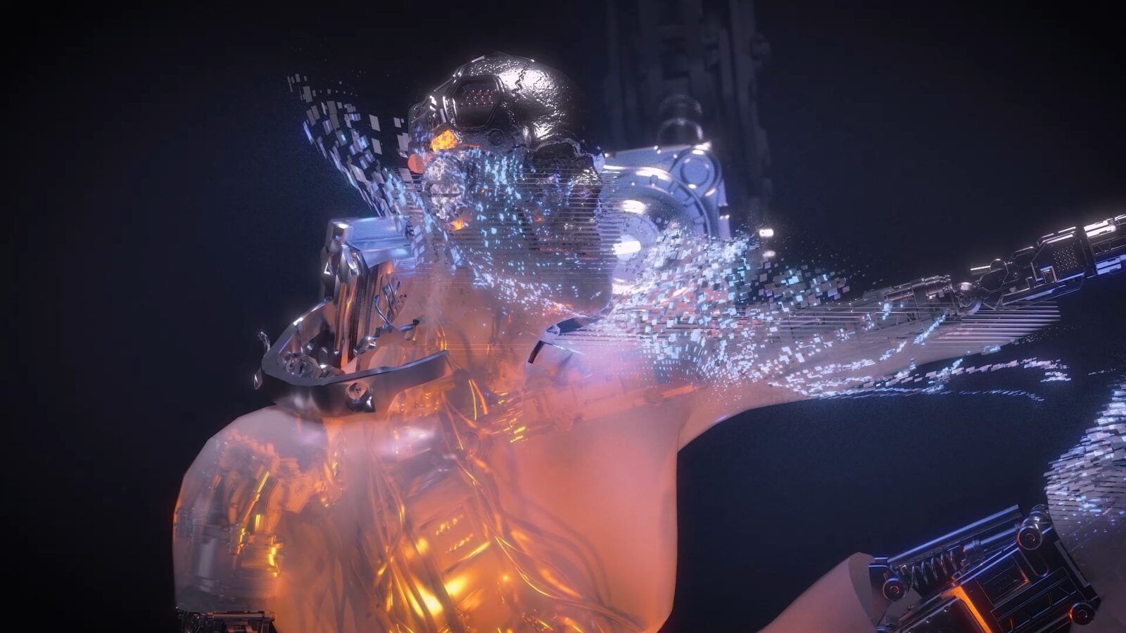 Sculptural figure reaching toward a machine arm.